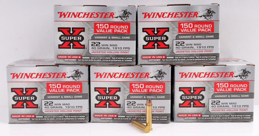 750 ROUNDS OF WINCHESTER SUPER X .22 AMMUNITION: Comes in five boxes of one-hundred and fifty rounds each of Winchester Super X, .22 WIN MAG, 40 grain, jacketed hollow point ammunition. No international shipping. This lot has a reserve.