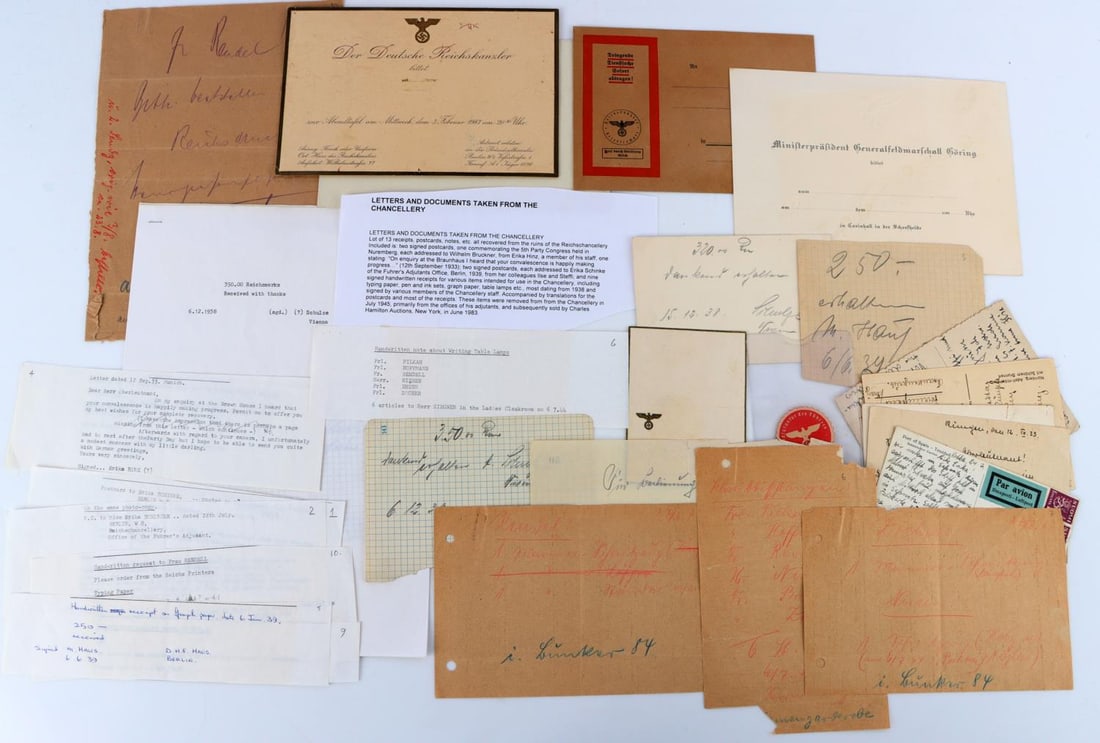 LETTERS DOCUMENTS RECOVERED WWII REICH CHANCELLERY: In July of 1945 Specialist H. Billingsley gained access to Reich Chancellery along with some friends, he collected documents , Letters, invitations and letterhead, from not only Hitler's quarters but 