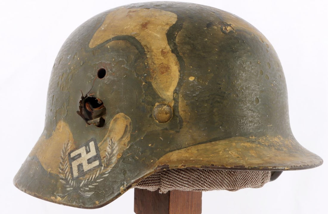 NORMANDY 8-1944 BATTLEFIED FOUND M38 GERMAN HELMET: Rear inside written Normandy, France Aug. 8 1944, post found enhanced exterior. Rare relic.