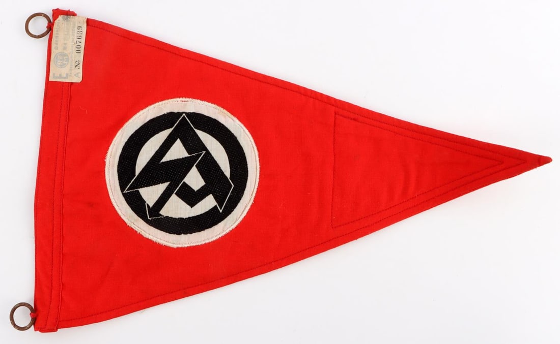WWII GERMAN THIRD REICH SA NSDAP PENNANT FLAG: Multi-piece construction. Double-sided. Non-fluorescing. Measures 12 inches. RZM tag on reverse. Very good condition.