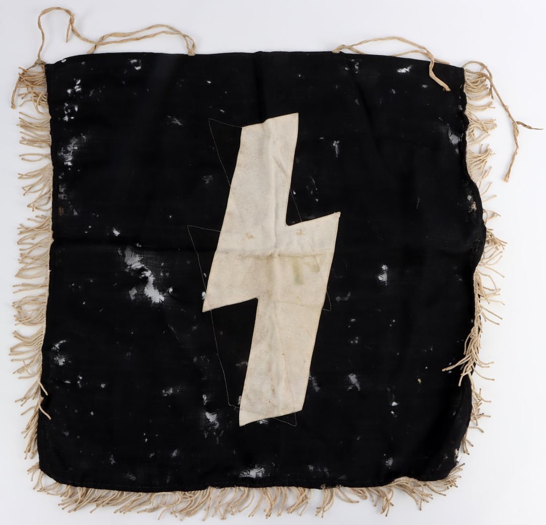 WWII GERMAN THIRD REICH DEUTCHES JUNGVOLK FLAG: Standard wool flag. Double-sided with cotton fringe. Age wear present. Non-fluorescing and measures 18 5/8 X 18 inches. Very good condition.