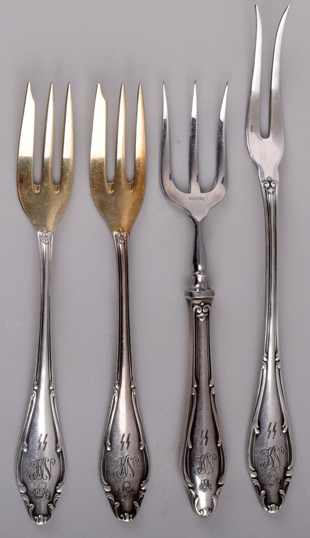 LOT OF 4 WWII GERMAN WAFFEN SS FORKS: Lot features 4 forks with Waffen SS monogram. Wellner marked. Very good condition. Unauthenticated, sold as is.