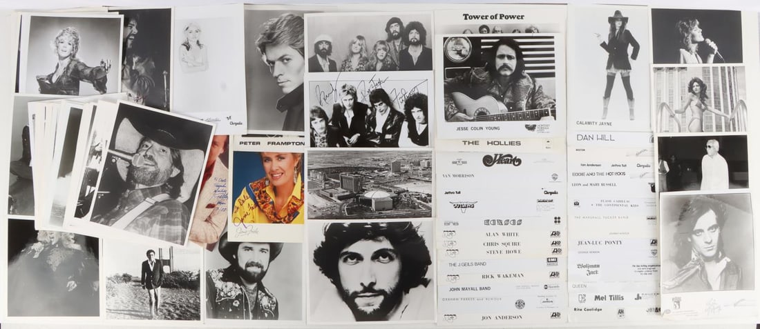 80+ PRESS & PUBLICITY PHOTO LOT CELEBS MUSICIANS: Large lot of 80+ photos, mostly 8X10 glossy black and white. Photos include: Queen (3 autographs, no COA), Bob Seger (autograph, no COA), Santana (autograph, no COA), Smothers Brothers, Heart, The Hol