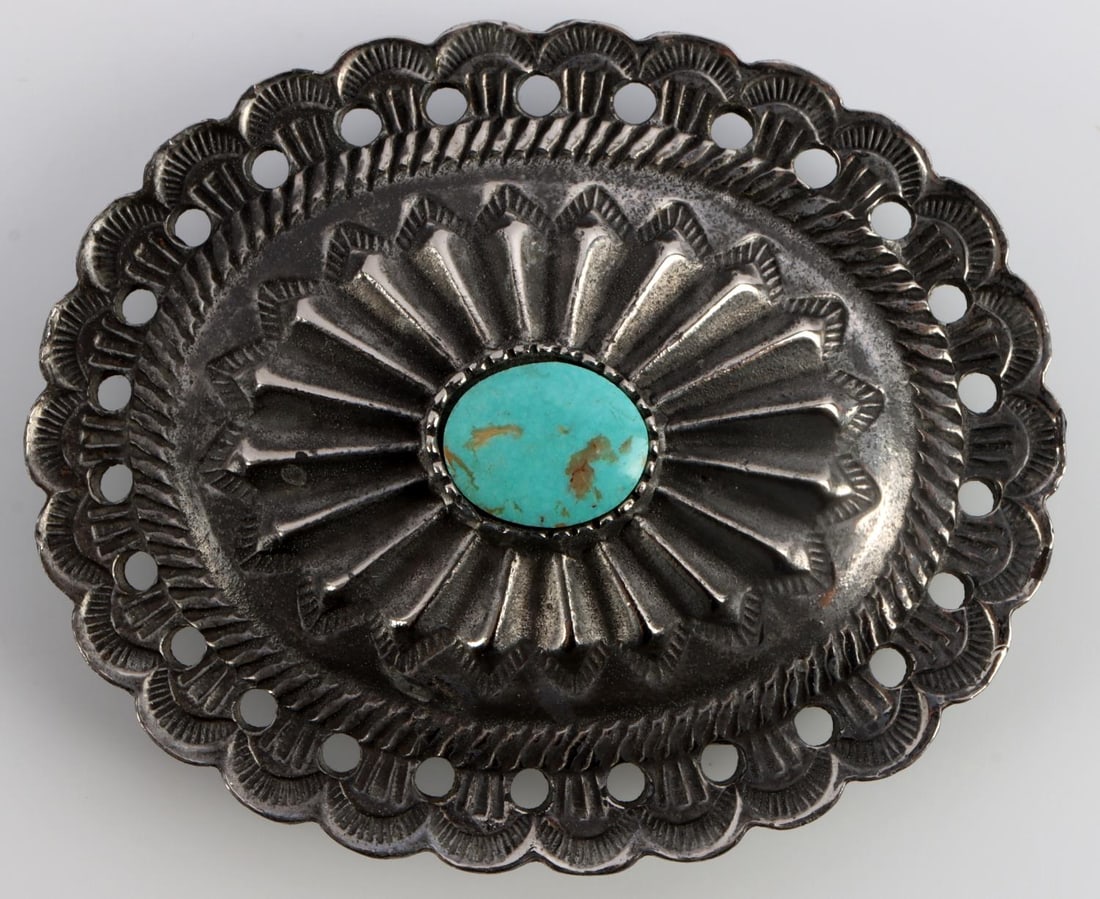 SOUTHWESTERN COIN SILVER CONCHO BELT BUCKLE: Signed Aaron Goldstein crafted coin silver concha belt buckle features Broken bow turquoise cabochon (16x14mm). Buckle length 3 1/2 inches, width 3 inches, loop fits 1 1/2 inch width belt.