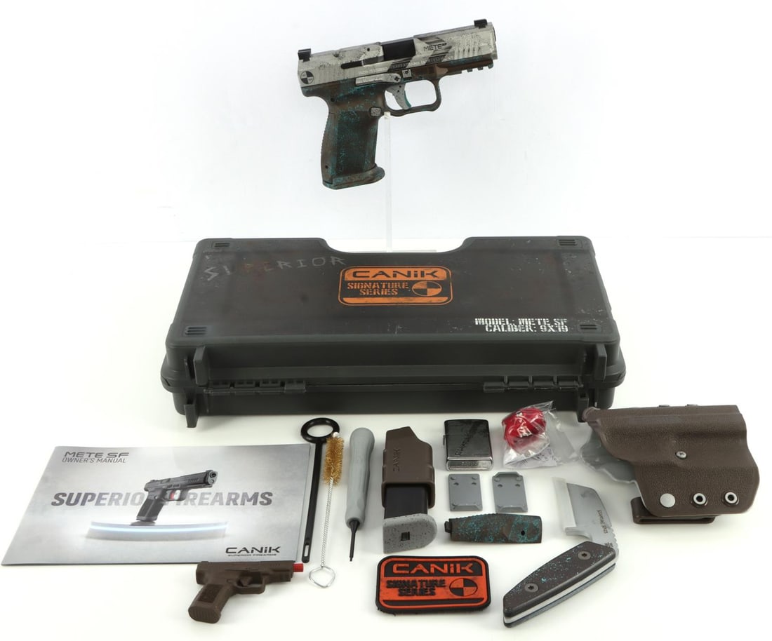 CANIK APOCALYPSE SIGNATURE EDITION METE SF PISTOL: Canik Mete SF 9mm "Apocalypse" Signature Series pistol. Limited Edition # 1441/5000. Includes themed Zippo lighter, custom angled fixed blade, two magazines, extra backstrap, cleaning accessories and 