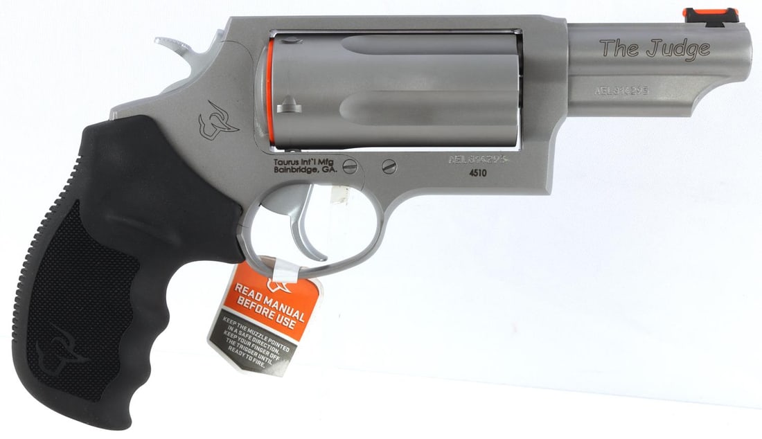 TAURUS JUDGE MAGNUM .45COLT/.410GA DA REVOLVER NIB: New in box model #2-441039MAG. Includes owner's manual. FFL required for transfer. No international shipping. Know your state laws before bidding. Caliber: .45COLT/.410GA Serial #: AEL814293 This lot 