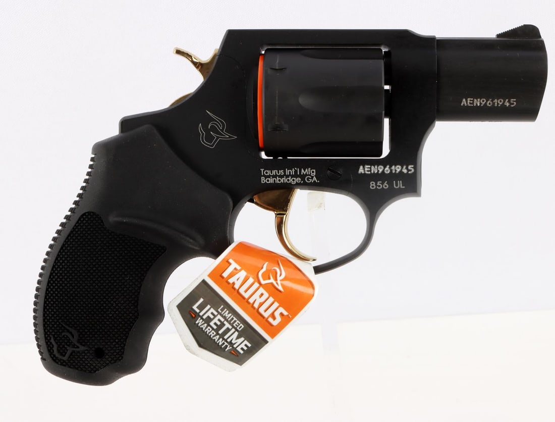 TAURUS 856 ULTRA LIGHT .38 SPECIAL DA REVOLVER NIB: New in box Taurus Model 2-856021ULGLD. UPC: 725327932888. Includes a lock and owner's manual. FFL required for transfer. No international shipping. Know your state laws before bidding. Caliber: .38 Sp