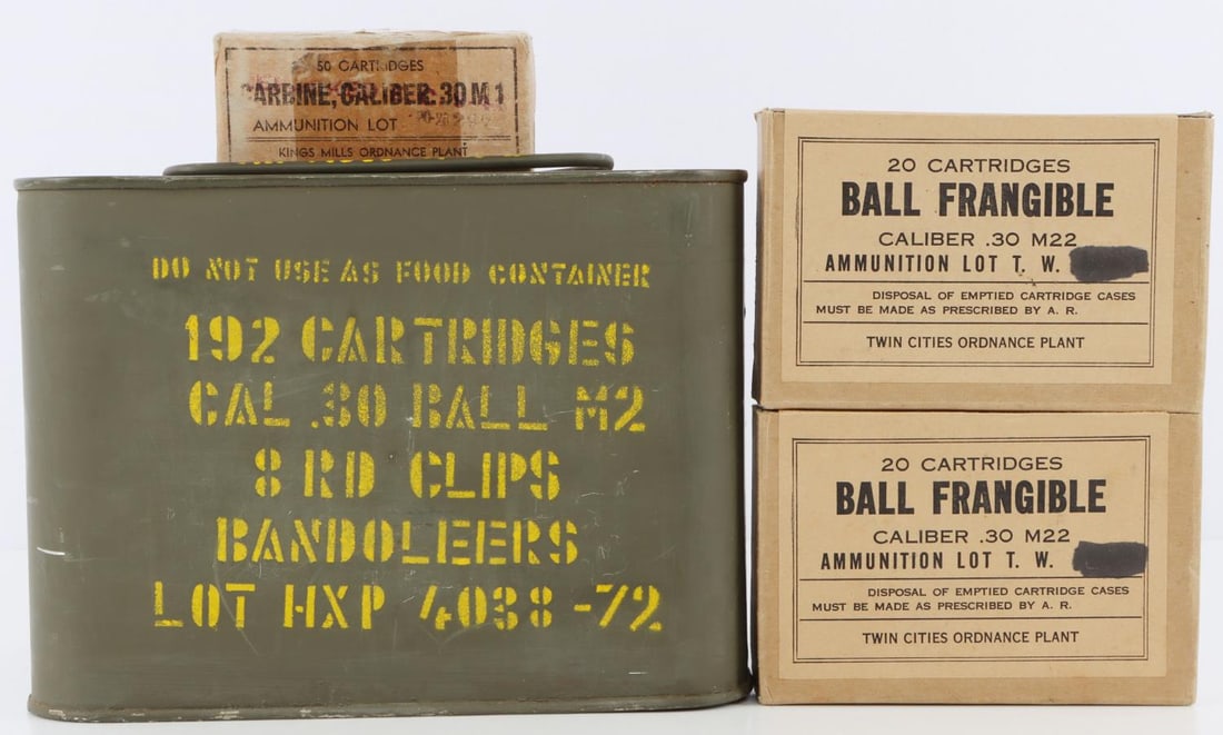 282 ROUNDS OF .30-06 FRANGIBLE & M1 BALL AMMO: 192 rounds of .30-06 frangible are sealed in a US Army ammo can. 40 of the rounds are sealed in their original cardboard boxes. The 50 rounds of M1 .30 cal carbine ammo is in original cardboard box.