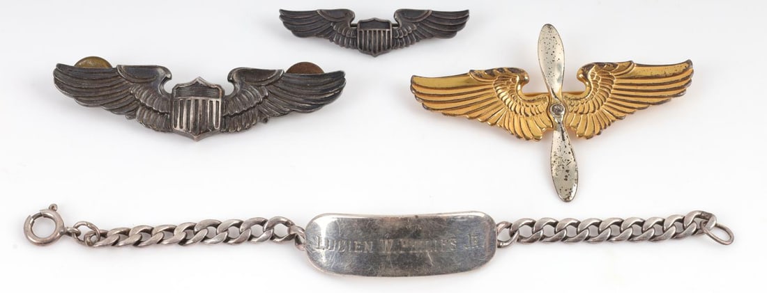 4 US MILITARY PILOT WINGS IDENTIFICATION BRACELET: Lot features 3 sterling pilot wings from Amco and Truart. Also included is a sweetheart bracelet. They weigh 64.5 grams