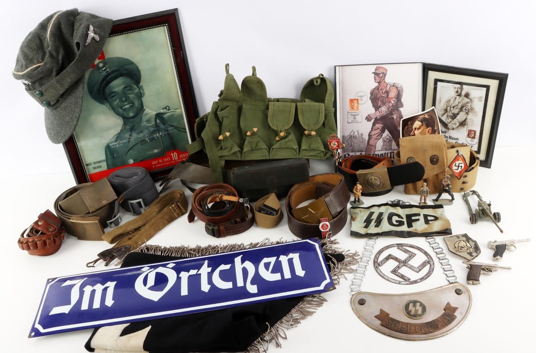 WWII WWII U.S GERMAN FOREIGN MILITARY COLLECTIBLES: Big variety, rifle slings, belts, Gorget, armbands, as photographed and sold as is.