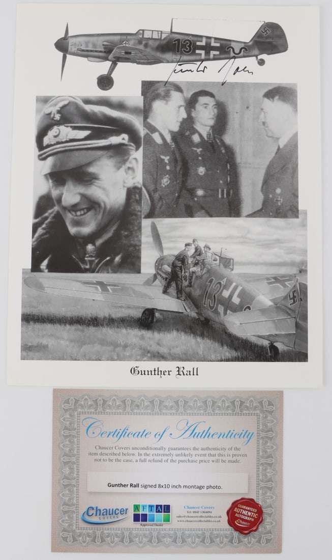 WWII GERMAN SIGNED FIGHTER ACE GUNTHER RALL PHOTO: In good condition with COA from Chaucer Covers. On paper measuring 10 inches tall by 8 inches wide.