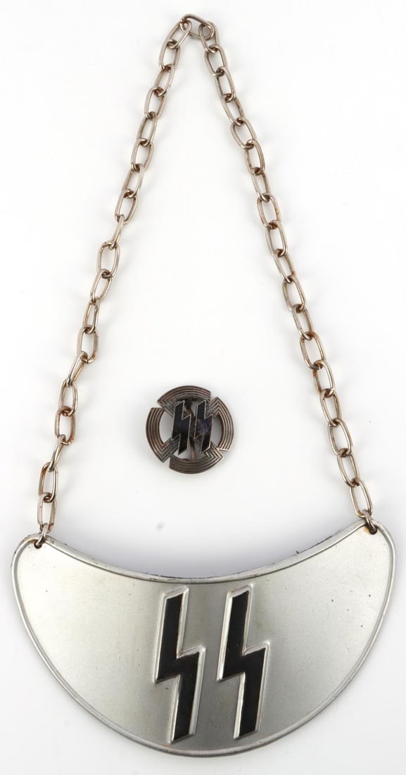 WWII GERMAN THIRD REICH SS GORGET & SPORTS BADGE: SS gorget, magnetic, features RZM tag on reverse and black felt backing. Chain is unlike known examples. SS sports badge features enamel SS runes with RZM M/25 marked on reverse. Standard size. Unauth