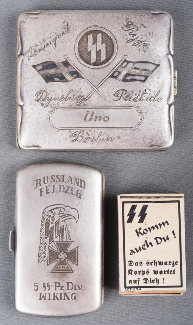 2 WWII GERMAN REICH WAFFEN SS CIGARETTE CASES LOT: Lot of two (2) WWII German Reich Waffen-SS divisions cigarette cases. Cigarette cases are for Waffen-SS Panzer divisions "Nordland" and "Wiking". Latch on Nordland is marked "ALPACCA". Lot also includ