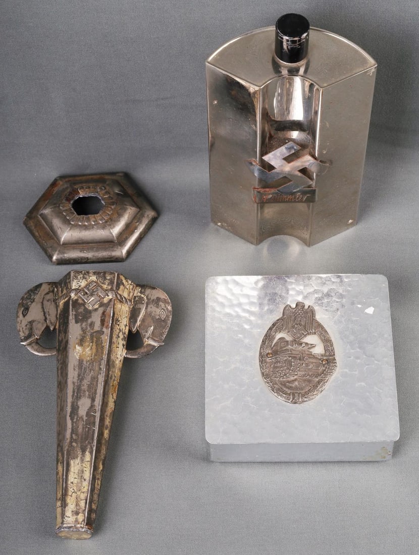 WWII GERMAN THIRD REICH LOT OF 3 ITEMS: Lot of three (3). WWII German flask marked Heinrich Himmler on front, bottom is marked "Made in Germany." Chalice with swastika and elephant designs marked "Made in Japan" on bottom. This item is brok