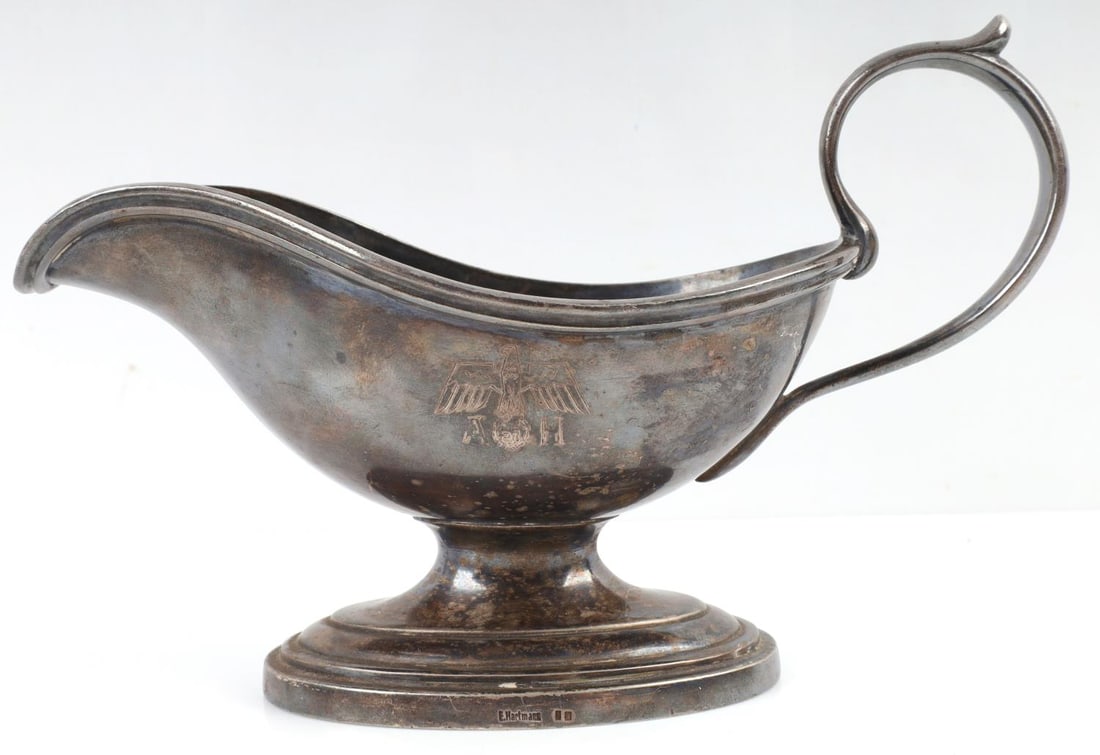 WWII GERMAN REICH ADOLF HILTER SILVER GRAVY BOWL: WWII German Reich Adolf Hitler Silver Plated Gravy Bowl. Gravy bowl features "A.H." with the Adolf Hitler eagle. Base of bowl is marked, "E. Hartmann" with a stamp to the right. Acid tested for silver
