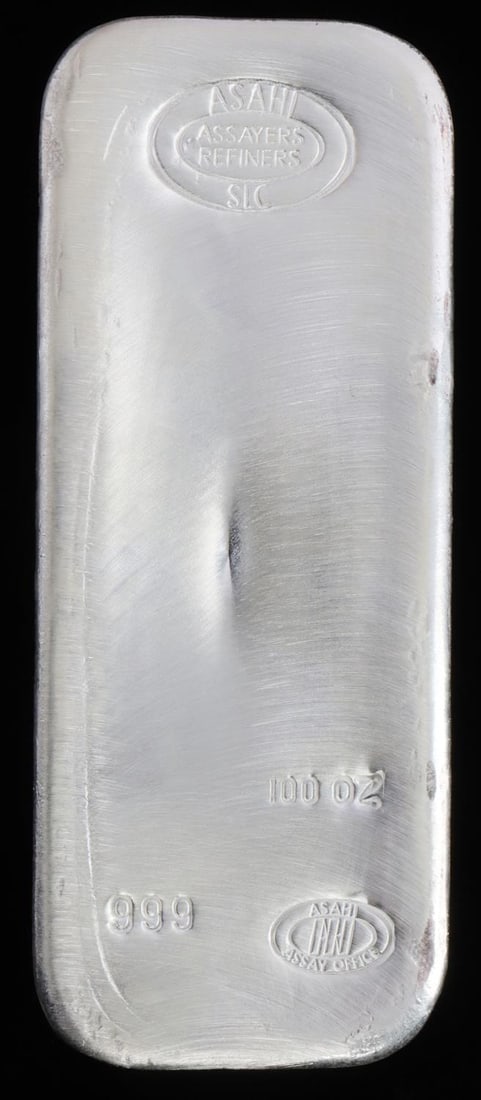 100 OZ SILVER BULLION BAR INGOT .999: 100 TROY OUNCES, electronically tested, .999 fine silver bar from Asahi Refiners This lot has a reserve.