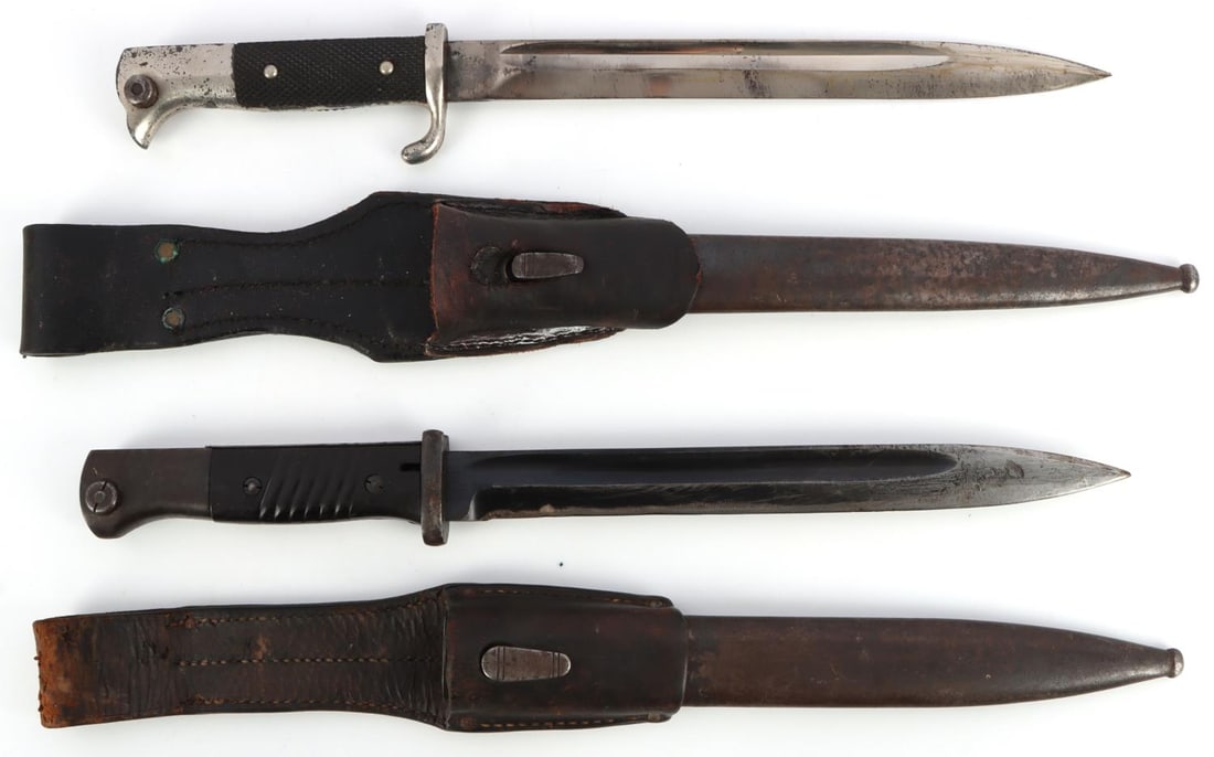 2 WWII GERMAN K98 BAYONET LOT HORSTER: Includes 1 Horster bayonet with nice blade, scabbard and frog, the second Bakelite grip, non matching serial numbers, frog and scabbard.