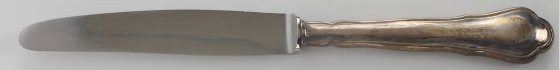 BUTTER KNIFE FROM HIMMLER SERVICE SET ROSTFREI: Stamped .800 silver handle, Rostfrei maker stamped blade, reputedly from Himmler SS barracks, much better quality than usual seen pieces, measures 6 1/2 inches.