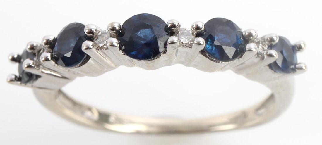 SAPPHIRE DIAMOND 14K WHITE GOLD BAND: Stamped "10K" inside shank. Size 6. Total weight 2.5 grams. This lot has a reserve.