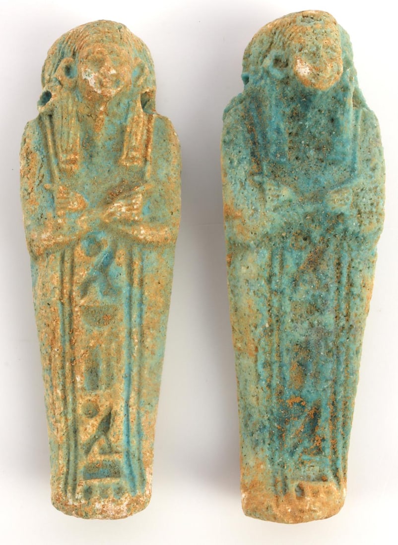 2 RARE INSCRIBED ANCIENT EGYPTIAN FAIENCE USHABTI: The ushabti (also called shabti or shawabti, with a number of variant spellings) was a funerary figurine used in ancient Egyptian funerary practices. Measures 2 1/2 inches tall.