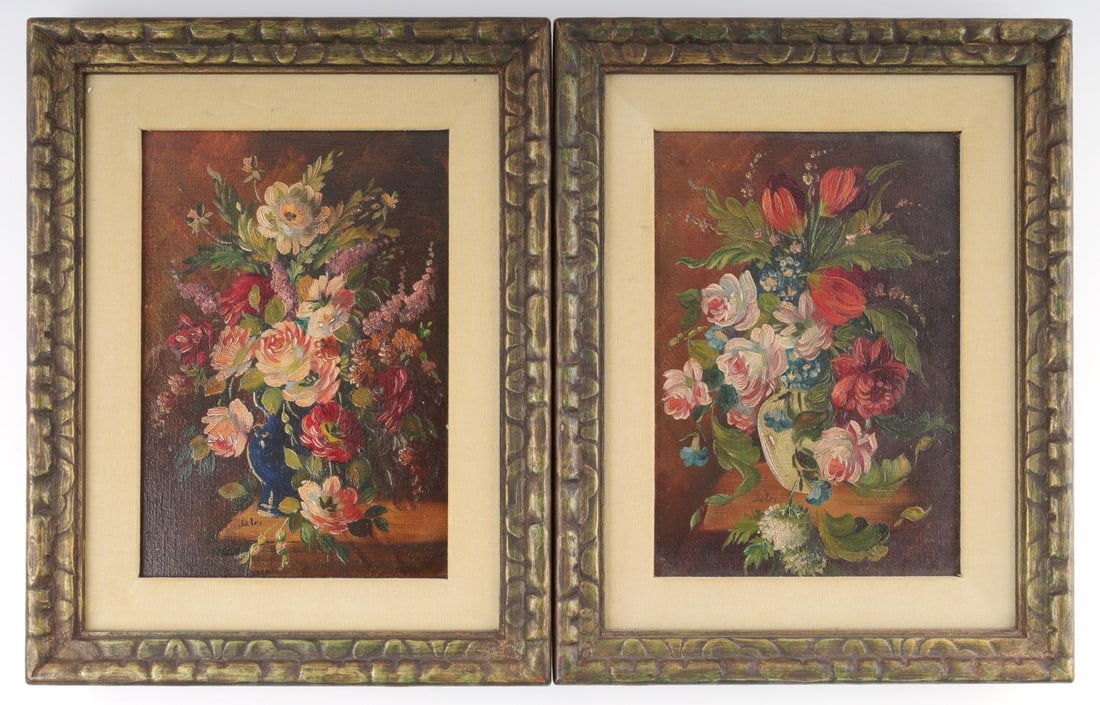 2 SALVI OIL ON CANVAS FLORAL PAINTINGS: Both from the W. T. Burger Company. They measure 13 7/8 X 11 7/8 inches.