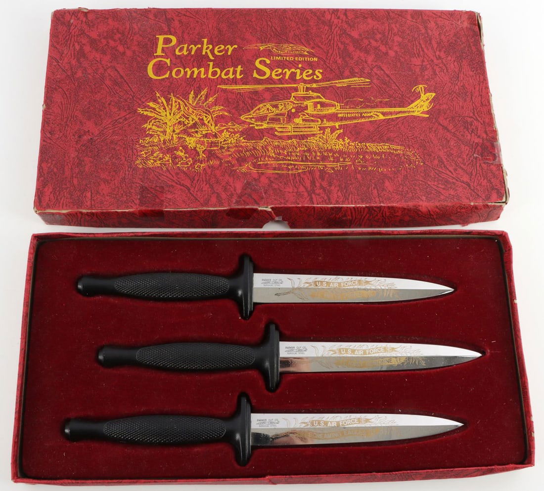 PARKER COMBAT SERIES LIMITED EDITION BOOT KNIVES: Parker Vietnam boot knife set in original box and in "like new" condition are according to a Bulletin put out by ?Cutlery World? a manufacture?s an Error collector set. The Screaming Eagle, Delta Forc