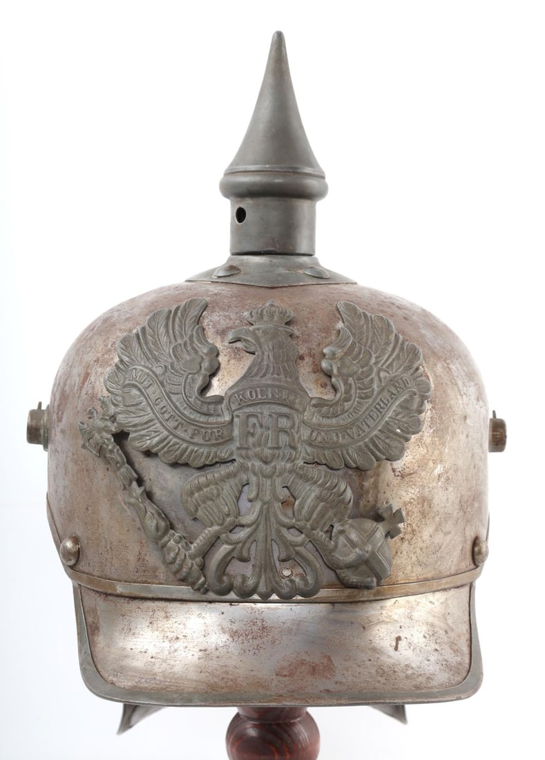 WWI PRUSSIAN LOBSTER TAIL PICKELHAUBE HELMET: No chin strap or Cockades, original liner, no visible internal stampings, is stained but probably restorable, good original example.