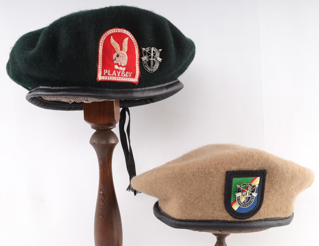 75TH RANGER & VIETNAM CAMP PLAYBOY BERET LOT: 75TH Ranger size 7 1/8 tan beret, also Vietnam in country made Camp Playboy patch, Trang Base special Forces Green Beret with insignia, size 7, each very good and original