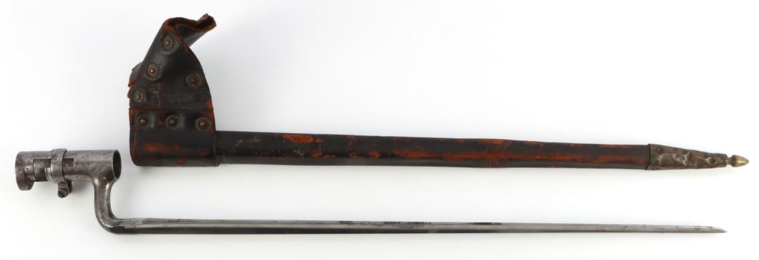 AMERICAN 19TH CENT SOCKET BAYONET & SCABBARD: In good condition. Marked "US" on ricasso. Some surface loss on bayonet and scabbard.