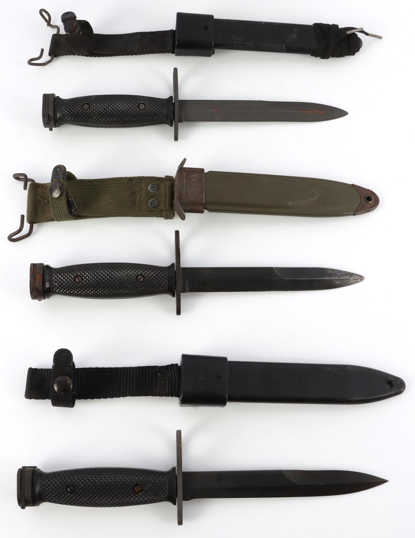 LOT OF 3 M7 BAYONET LOT IN M8 & M10 SCABBARDS: The two in the M10 scabbard are near mint, the last one is used more.