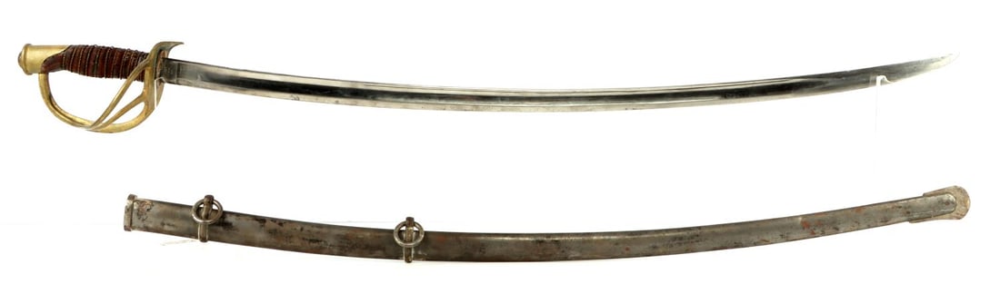 AMES 1869 MODEL CALVARY WRIST BREAKER SABER: Stamped Ames 1864 dated M1860 Civil War Cavalry saber, very nice blade, possibly polished, heavy wear to grip, scabbard has lost finish but is dent free.