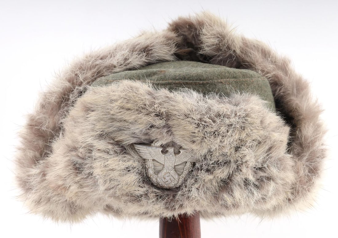 WWII GERMAN POLICE WINTER RABBIT FUR HAT: Date 1942 size Euro 54, very good original condition.