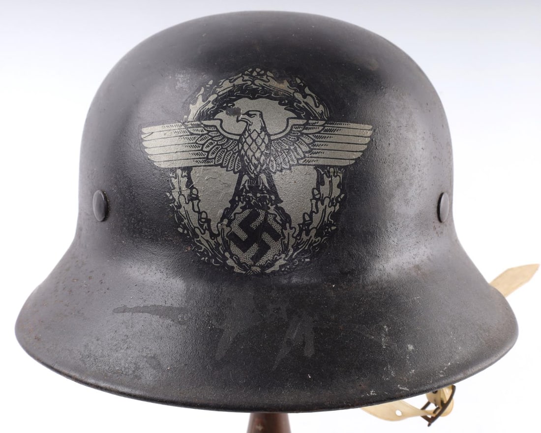 WWII FRONT DECAL FIRE POLICE HELMET: Front decal, celluloid chin strap, linen liner, no internal stampings. Good, original condition.