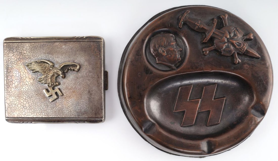 WWII GERMAN REICH SS ASHTRAY & LUFTWAFFE CIG CASE: Silver-plated case made in Berlin with Luftwaffe Pilot badge Reichsadler and a bronze SS ashtray. Measure 3 1/2 inches and 5 3/8 inches. Unauthenticated, sold as is.