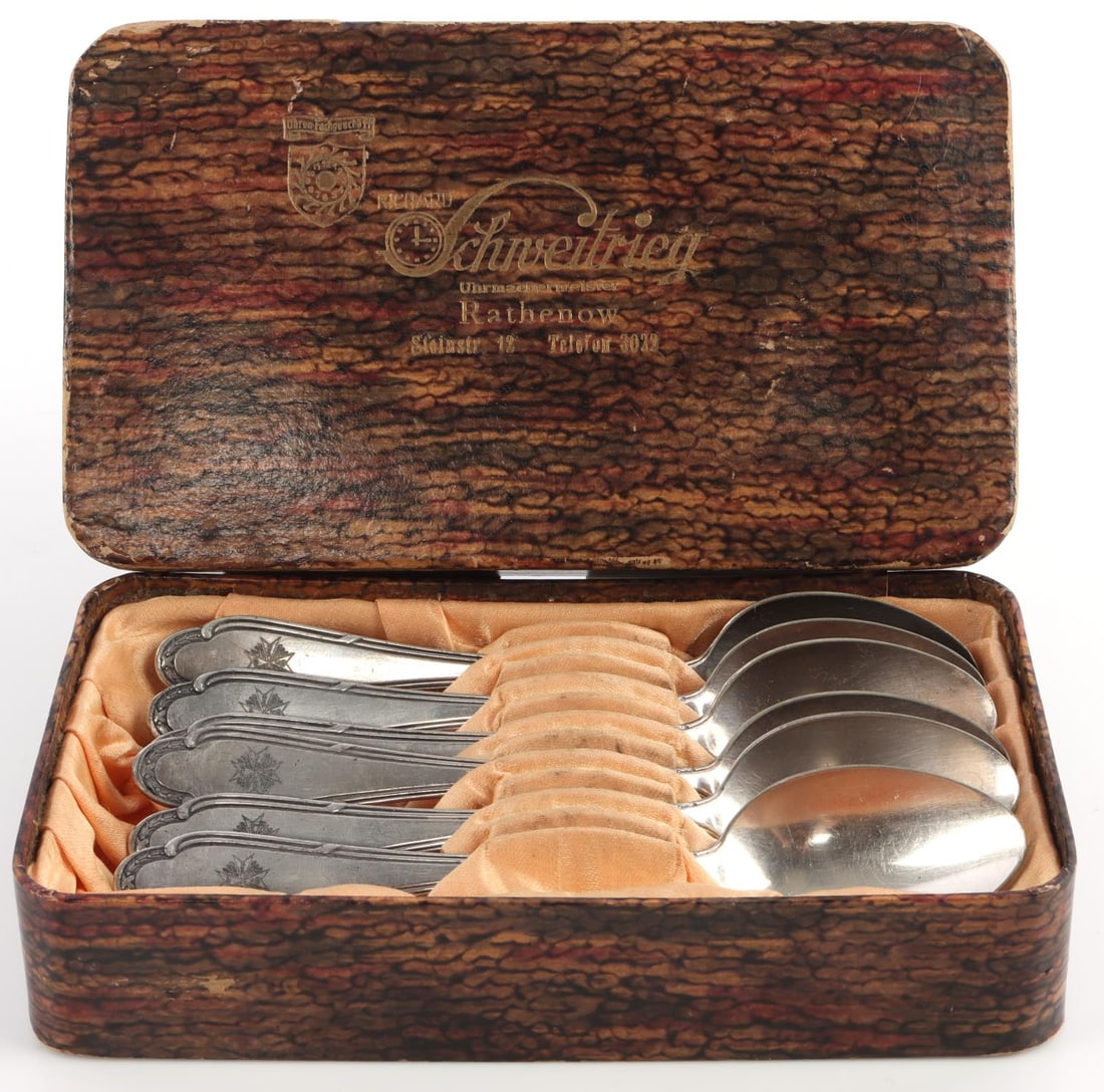 WWII GERMAN HERMANN GOERING TEA SPOON CASED SET 6: WWII German Third Reich Hermann Gering Wellner tea spoon case set of 6. Stamped Wellner 90 18 on the reverse and all in very good condition. Dimension: 6.5X4 inches. Unauthenticated and sold as is.