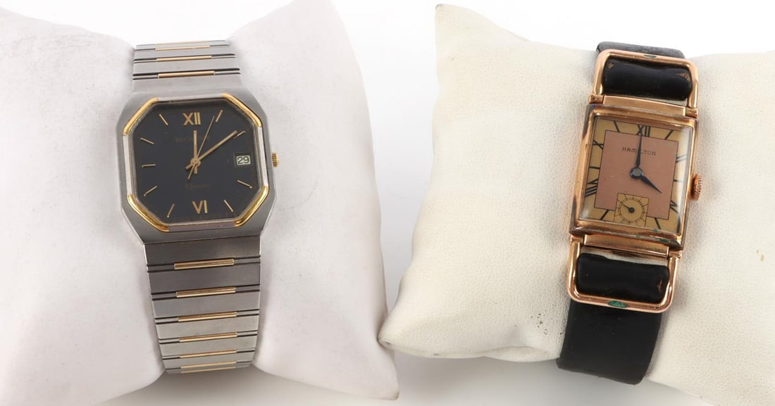 1940'S HAMILTON DRIVER MENS BUCHERER WATCH: The Hamilton has a 14k gold filled case, leather band runs and is keeping time, the Bucherer has some light scratching to the band, otherwise each very good.