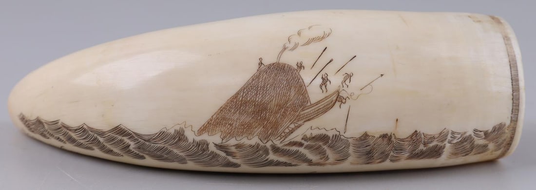 WHALE TOOTH ANTIQUE SCRIMSHAW SIGNED & DATED 1837: Inscribed as follows: Heres a health to the girls of the old Talcahuano. A health to the maidens of far off Maui and let you be merry, don't be melancholy. I can't marry you all or in chokey I'll be. 