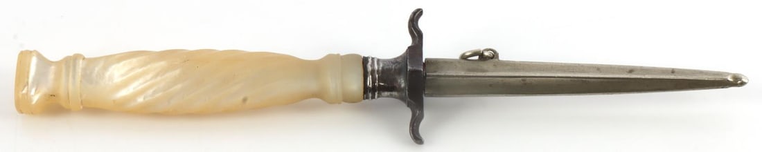 19TH CENTURY PROSTITUTE STILETTO DAGGER DIRK: Antique quarterfoil miniature dirk lady and prostitute personal dagger with mother of pearl handle and sheath with chatelaine bale. Total length: 5 5/8 inches. THIS LOT HAS A RESERVE.