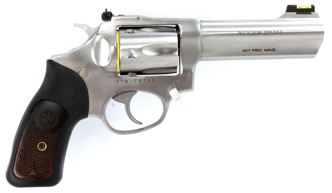RUGER SP101 DA .327 MAG REVOLVER NIB: Brand new in box, small frame with a stainless steel finish and very nice wood grips. FFL required for transfer. No international shipping. Know your state's firearm laws prior to bidding. Caliber: .3
