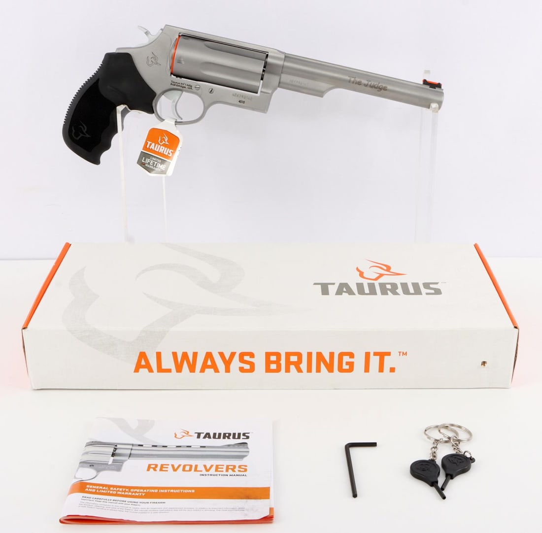 TAURUS JUDGE MAGNUM .45COLT/.410 DA REVOLVER NIB: New in box model #2-441069MAG. UPC:725327611172. FFL required for shipping. No international shipping. Know your state laws before bidding.Caliber: .45 Colt/.410 Bore Serial #: AEK792140 THIS LOT HAS 