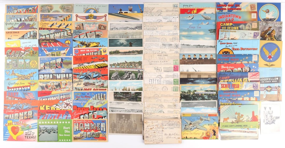 100 + WWII MILITARY POSTCARD LOT BIG VARIETY: Some are post-war of WWII images, majority are actual WWII, most are blank but some are written, all are very good to mint condition.