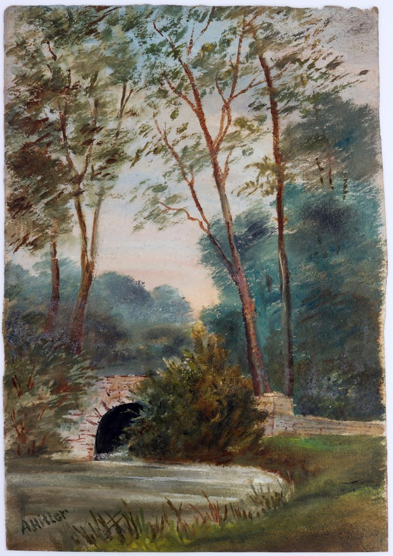 ADOLF HITLER GOUACHE PAINTING STREAM AND TREES: Austrian-born German politician, dictator of Germany from 1933 to 1945 and leader of the Nazi Party. In Germany in the years leading up to and during World War II, was also a painter. He produced hund