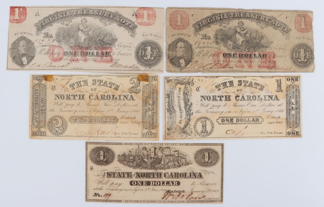 LOT OF 5 CONFEDERATE STATES OF AMERICA BANK NOTES: Lot of five (5) antique Confederate States of America Bank Note paper currency including four one dollar bills and one two dollar bill. Notes are from both the Virginia Treasury and the State of North