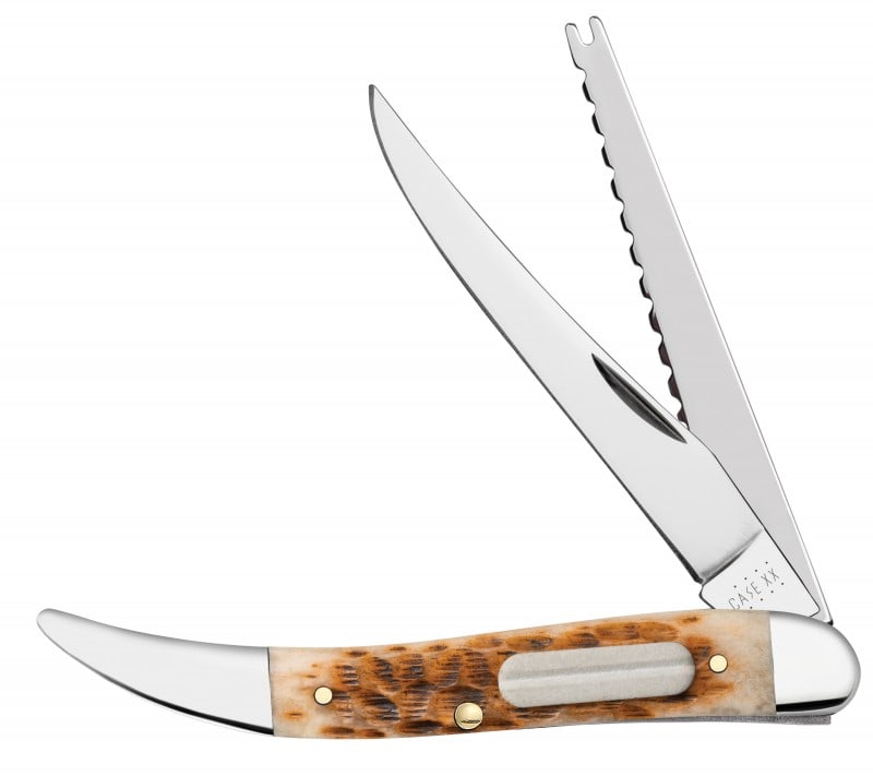 CASE POCKET KNIFE 10726 SS FISHING KNIFE: New in the box from W.R. Case No. 10726 amber bone peach seed jig fishing knife (620094F SS) with Stainless steel blade and hook sharpening whetstone on scales. Stock photos provided THIS LOT HAS A RE