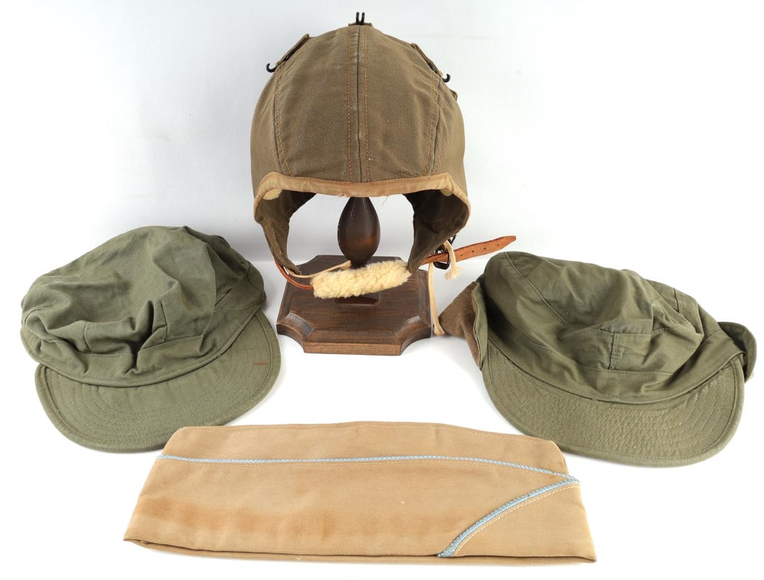 US ARMY HAT LOT 4 WWII & KOREA A9 HBT OVERSEAS: WWII US Army enlisted infantry overseas cap. Cotton khaki with Infantry pin. Size 7 1/8. Korean War era US Army GI field cap M-1951 HBT size 7. US Army Air Force A-9 flying helmet. Size large. Korean