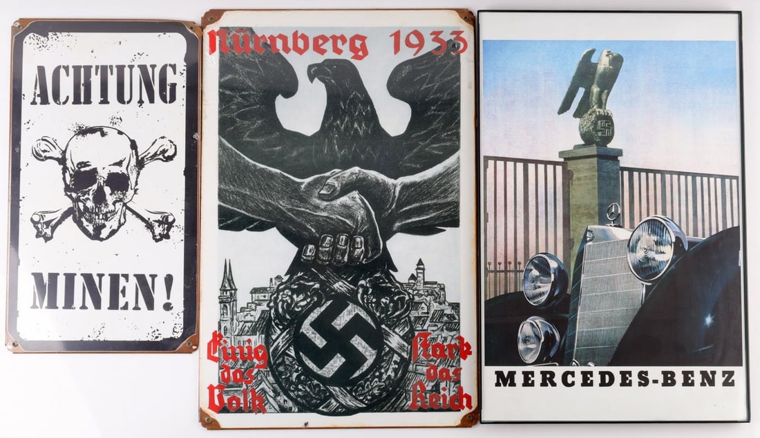 WWII GERMAN THIRD REICH SIGNS MERCEDES MINEN: Interesting signs, the largest 17 X 12 inches, all believed post-war produced, but collectable.