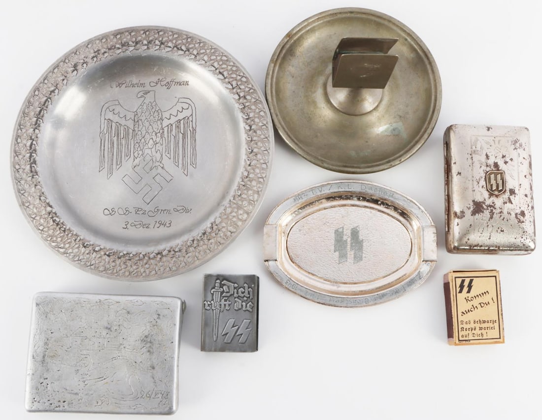 WWII GERMAN SS MATCH COVERS ASHTRAY CIGARETTE CASE: Includes SS matches and other items. As photographed, sold "as is".