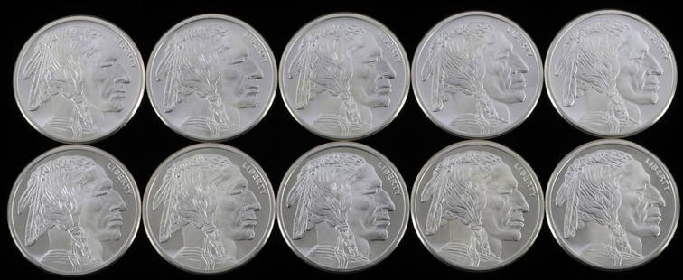 LOT OF 10 BUFFALO 1 OZ SILVER BULLION ROUNDS: Total of 10 troy ounces of electronically tested 1 oz .999 silver rounds. Guaranteed.