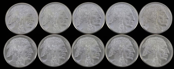 LOT OF 10 BUFFALO 1 OZ SILVER BULLION ROUNDS