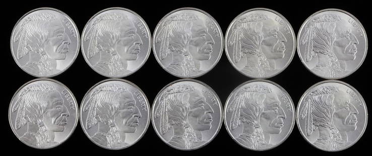 LOT OF 10 BUFFALO 1 OZ SILVER BULLION ROUNDS: Total of 10 troy ounces of electronically tested 1 oz .999 silver rounds. Guaranteed.